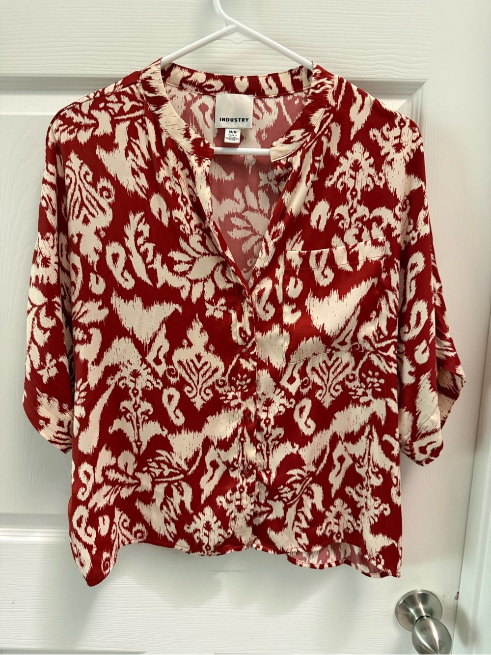 Rust-Red & Cream Printed Button-Down Blouse